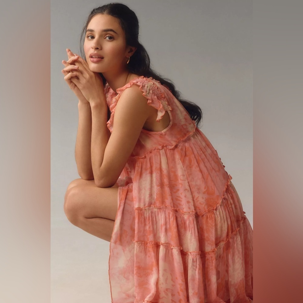 Anthropologie Asymmetric Hanky Tunic Midi Dress Boho Beach Cover Up Pink Peach L - Picture 3 of 9